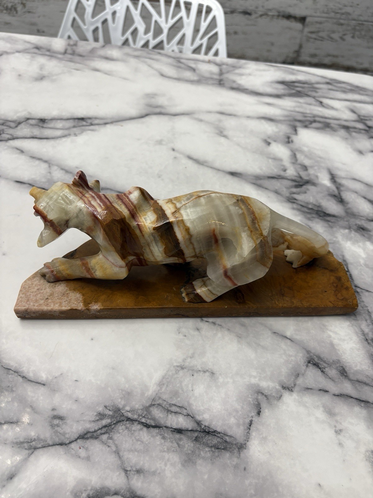 Vtg Hand Carved Onyx Tiger Large Rare Piece on 12" Marble Base HEAVY Alabaster