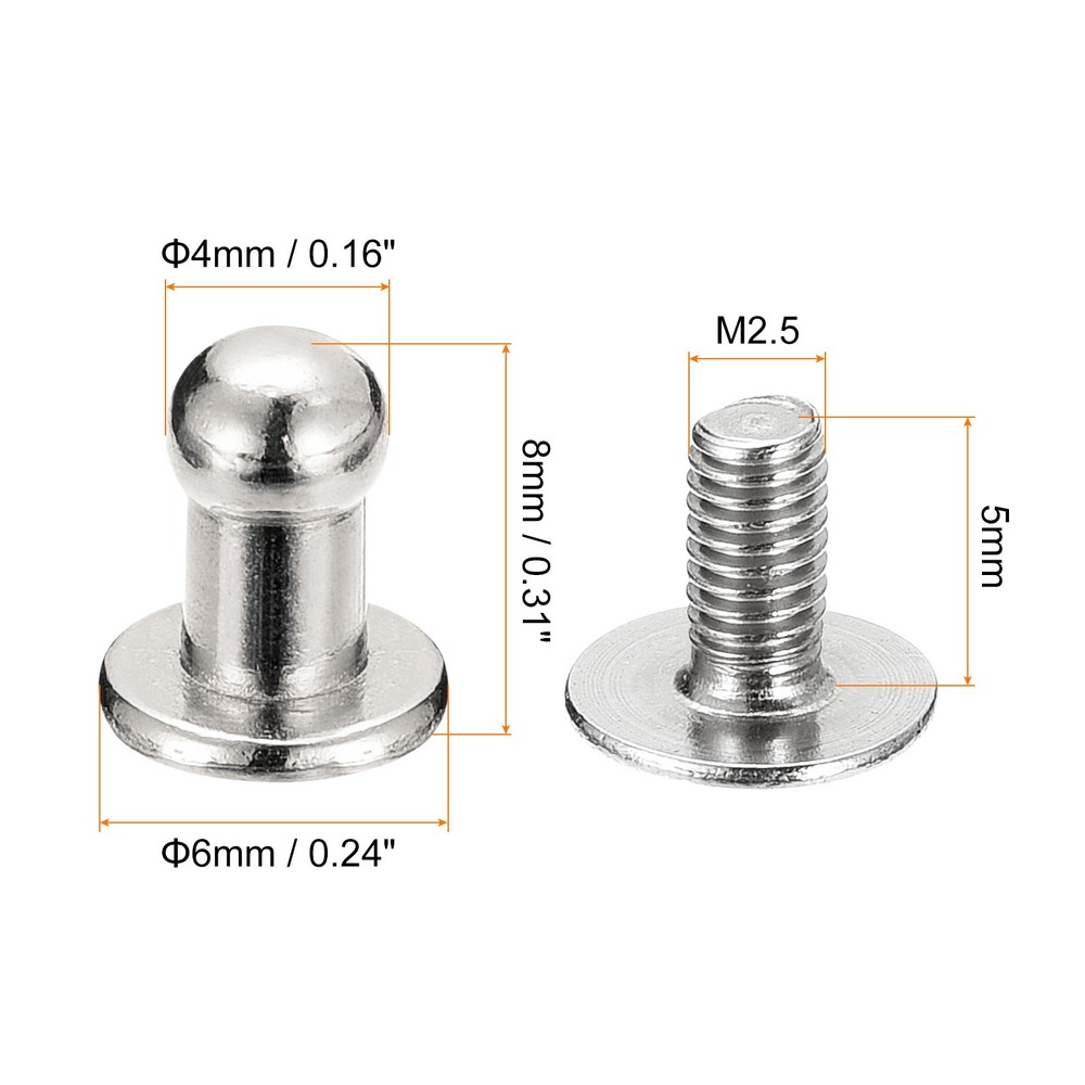 4mm Ball Head Stud Rivets Screw Back, 20Pack Round Head Button, Silver Tone