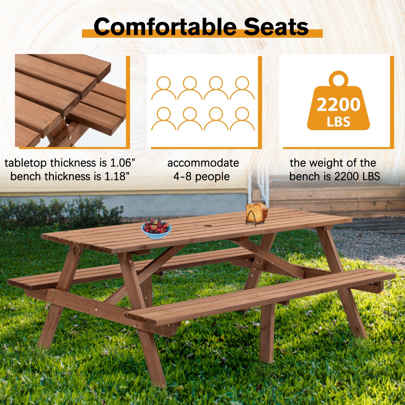 6-Person Outdoor Rectangular Wooden Picnic Table with Built-in Benches, Brown