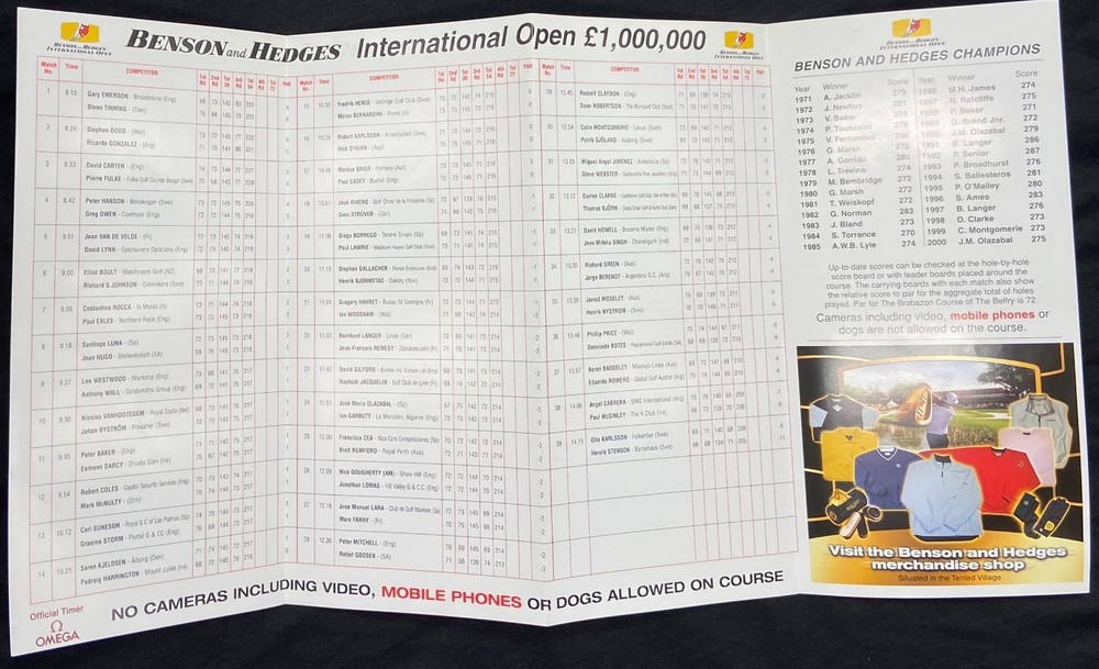 2001 Program - BENSON & HEDGES INTERNATIONAL GOLF OPEN - Birmingham England