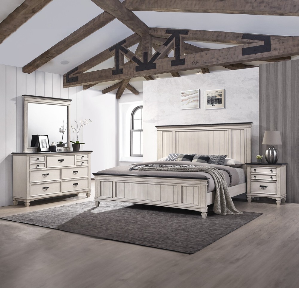 Rustic Cottage Style 5pc Queen Panel Bed Set Beige Finish Solid Wood Bedroom