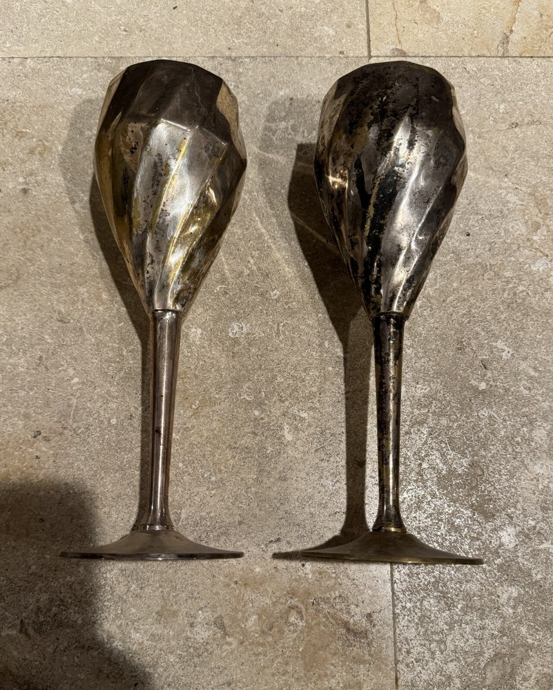 Pair (2) of Silver Plated Long Stem Wine Goblets Decor