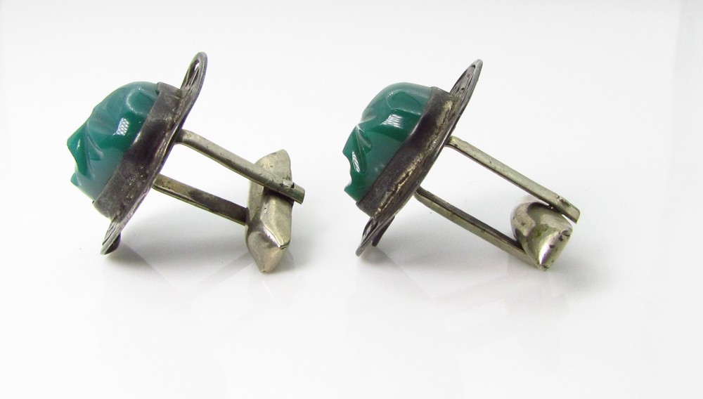 Sterling Front Cufflinks with Green Onyx Aztec Mask