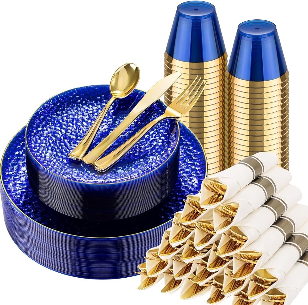 Blue Gold Plastic Plates - Blue Plastic Dinnerware Set Includes 25