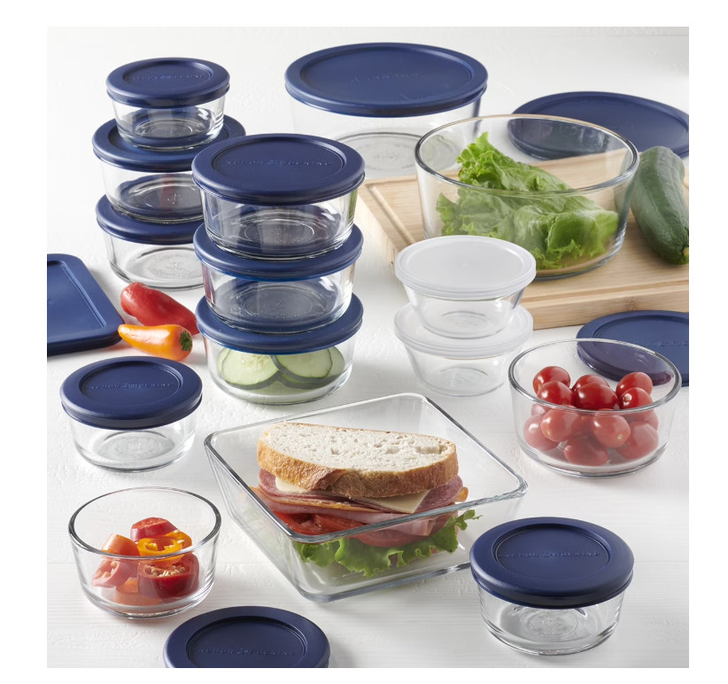 Anchor Hocking Clear Glass Food Storage Containers 30 Pieces Set with Navy Lids