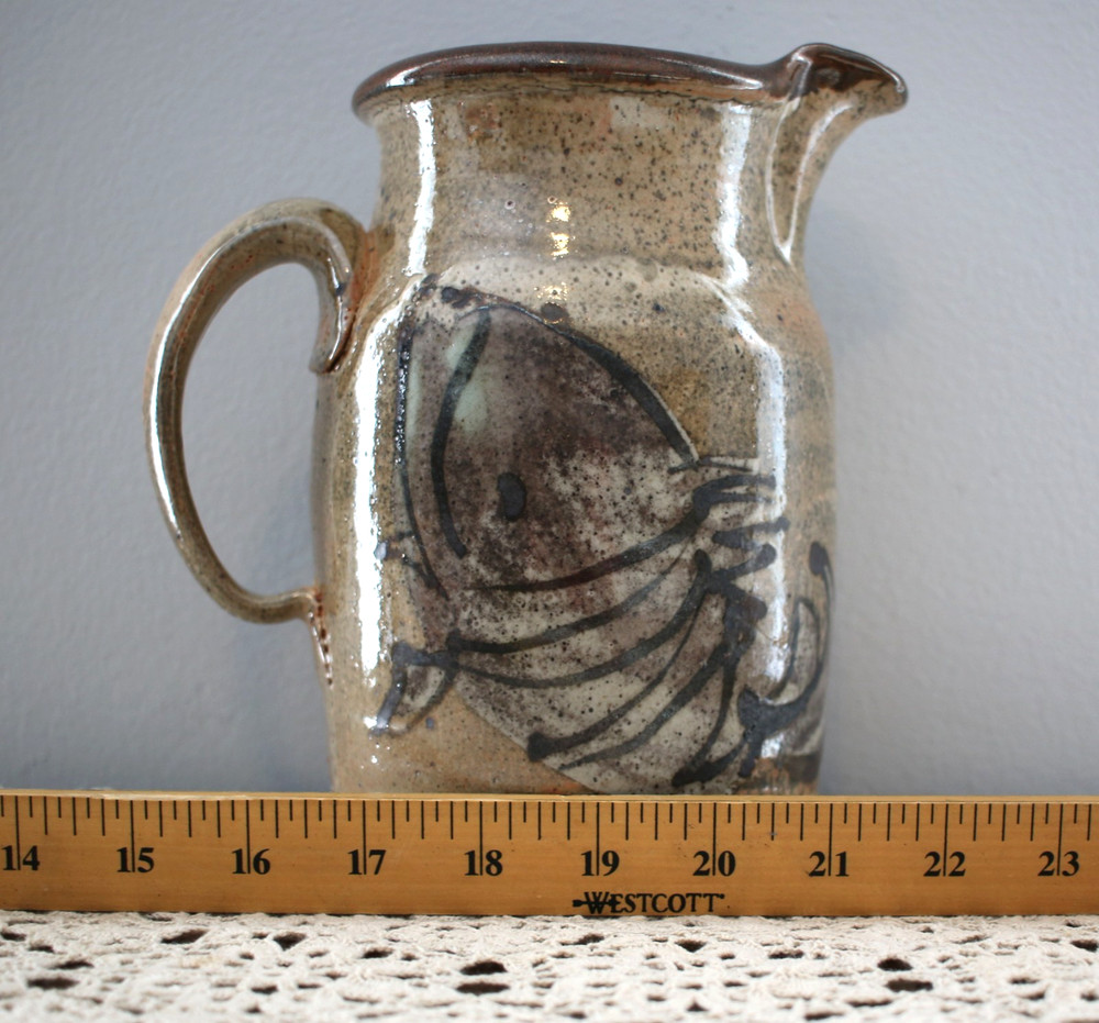 Art Pottery Studio Pitcher Signed LS Tan Brown Decorative Fish Pattern Speckled