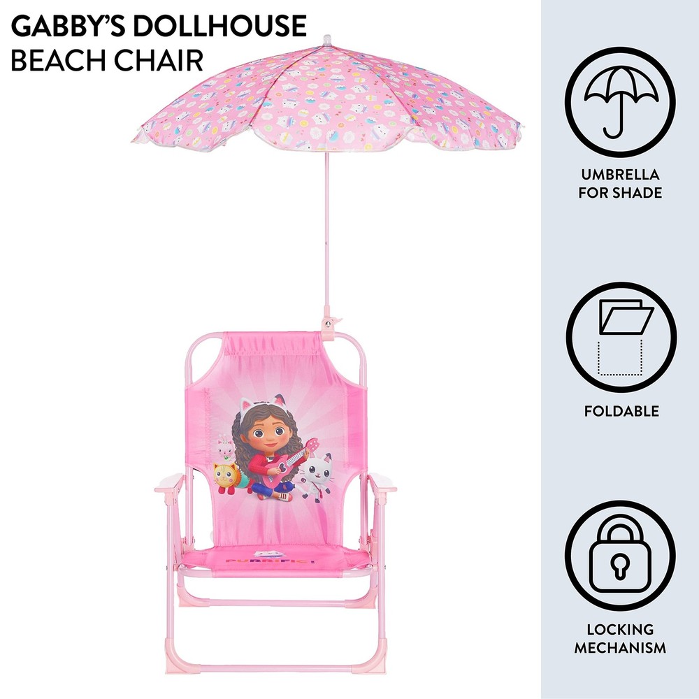 Idea Nuova Gabby’s Dollhouse Kids Folding Beach Chair with Umbrella, Outdo