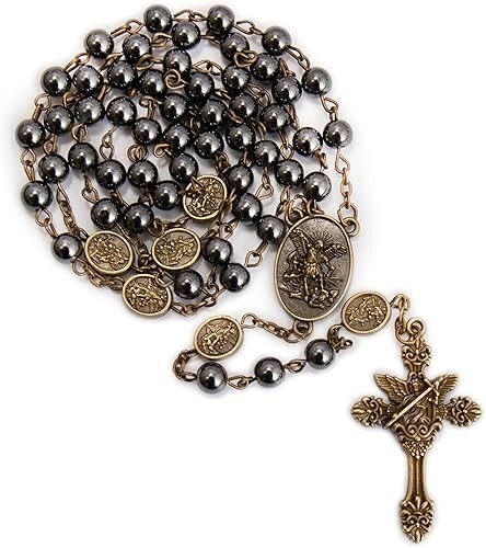 Bronze St Michael Rosary Hematite Stone Beads Necklace Metal Beaded