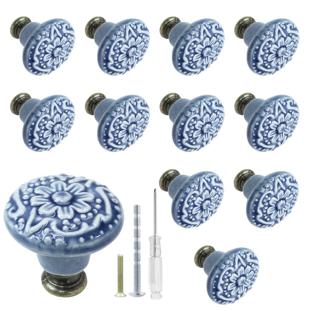 12 Pcs Light Blue Vintage Ceramic Cabinet Knobs, Round Drawer & Door Pulls