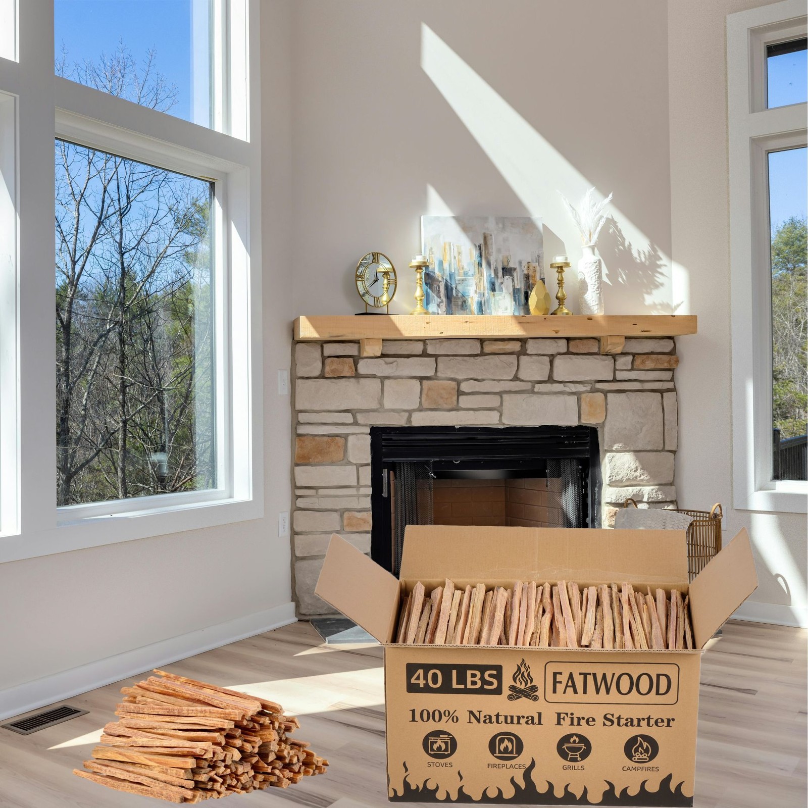 40 LB Natural Fatwood Fire Starter Kindling Sticks - Wood Stove Fireplace