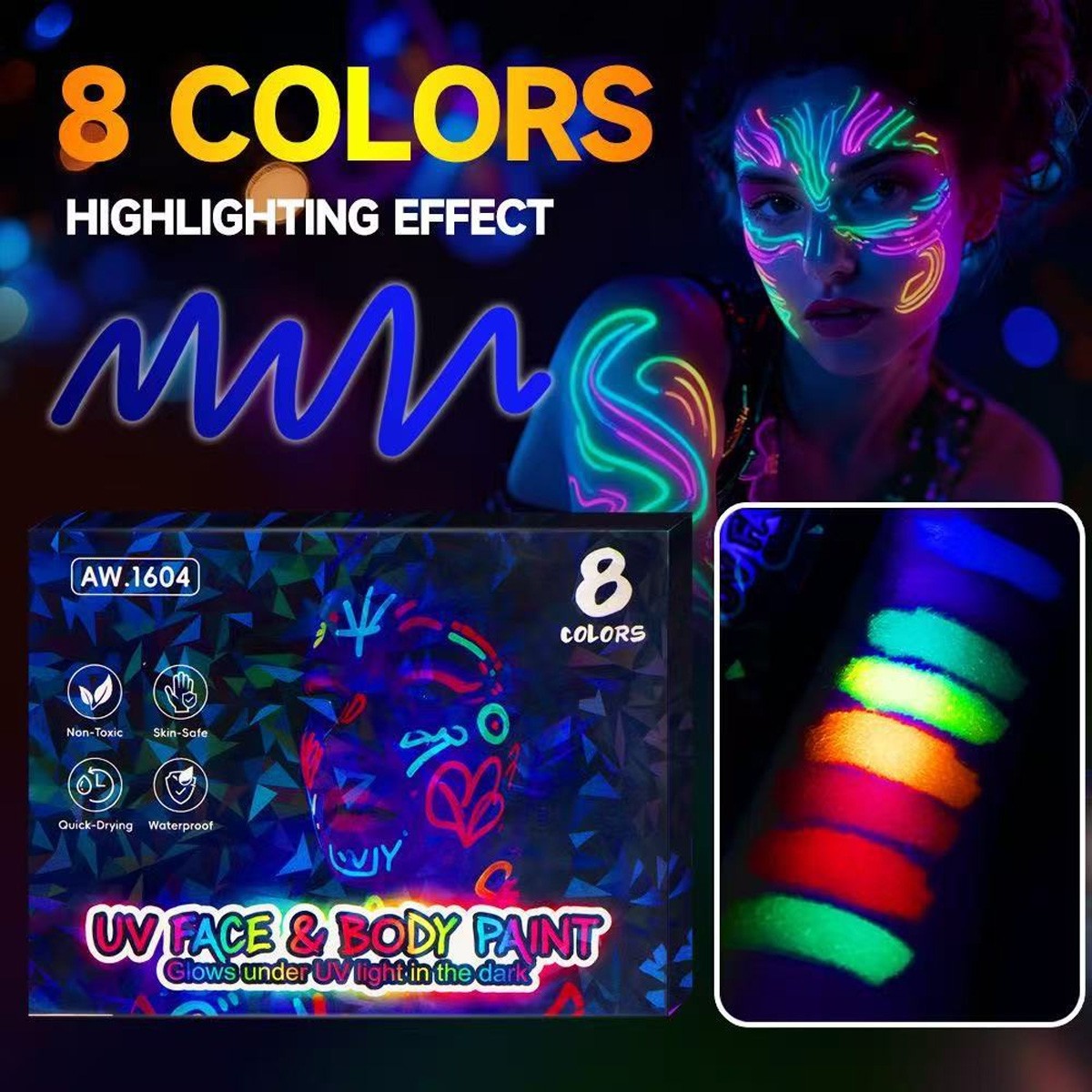 Glow in The Dark Face & Body Paint Sticks – 8 Neon Colors for UV Blacklight Par