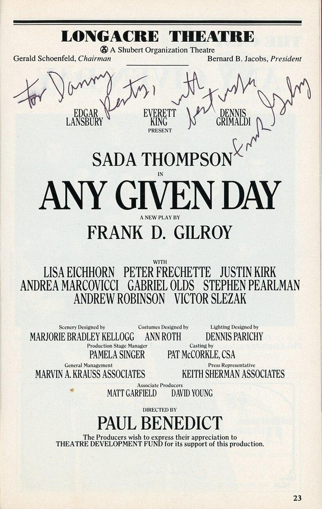 Frank D. Gilroy- Signed Playbill Longacre Theatre Program for "Any Given Day"