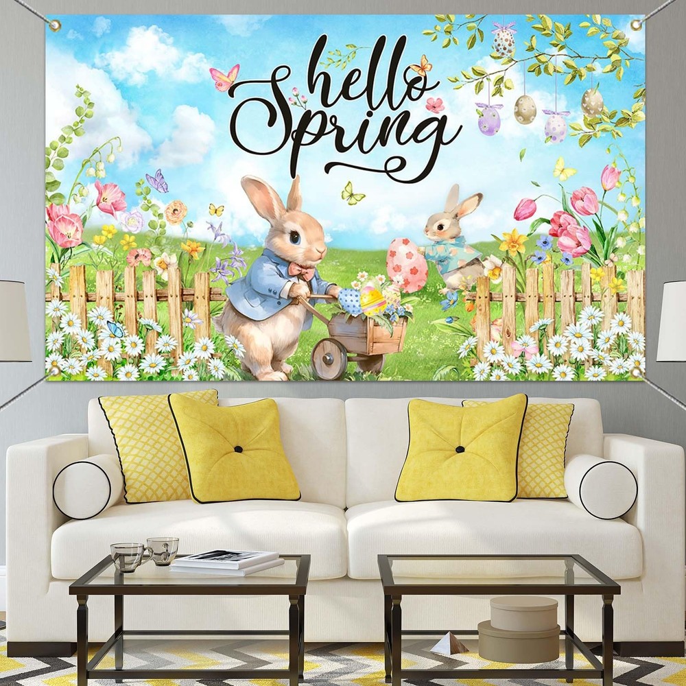 Hello Spring Backdrop Easter Party Banner Greenery Spring Festival Easter Pho...