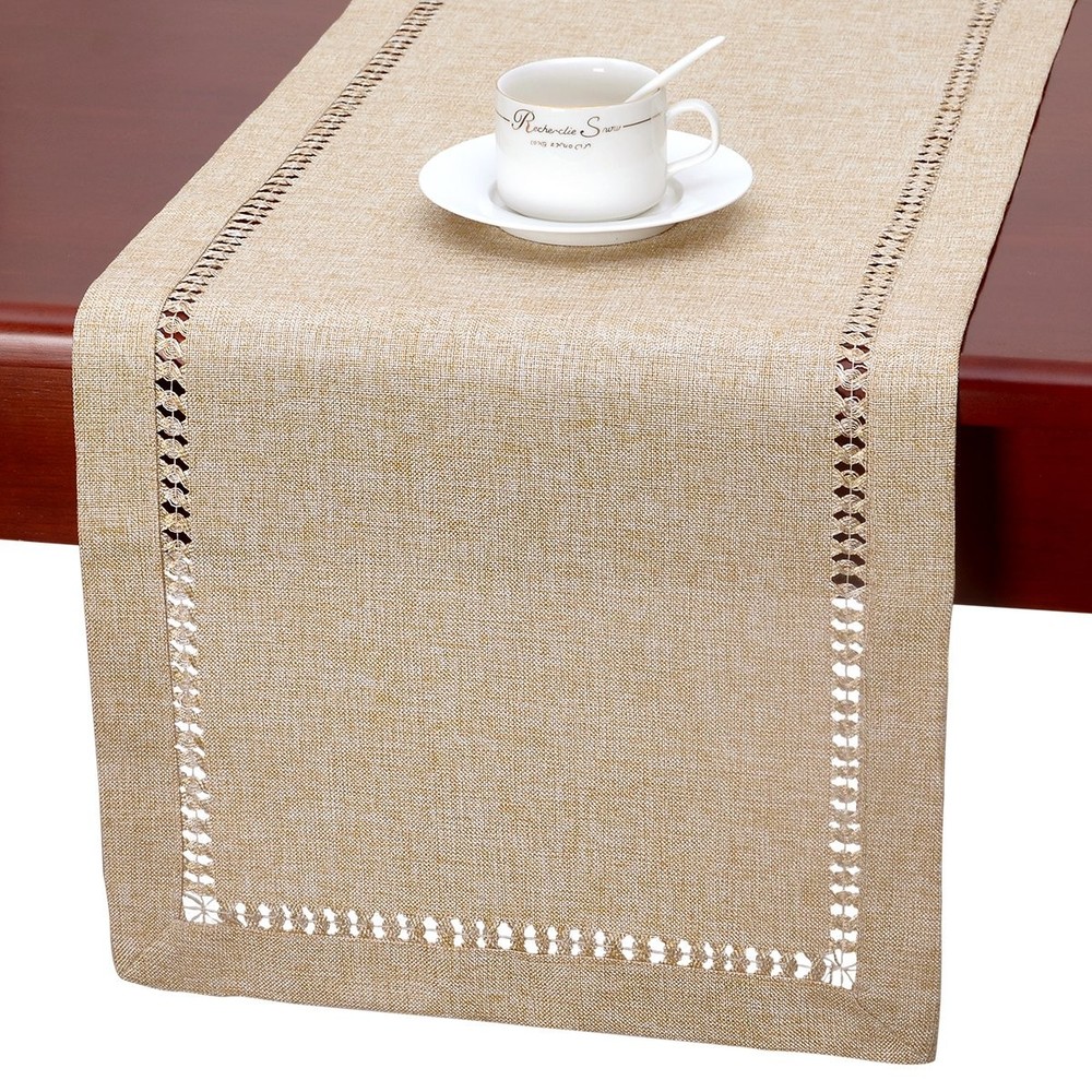 Grelucgo Large Handmade Hemstitch Beige Table Runner, Rectangular 14 by 108 Inch