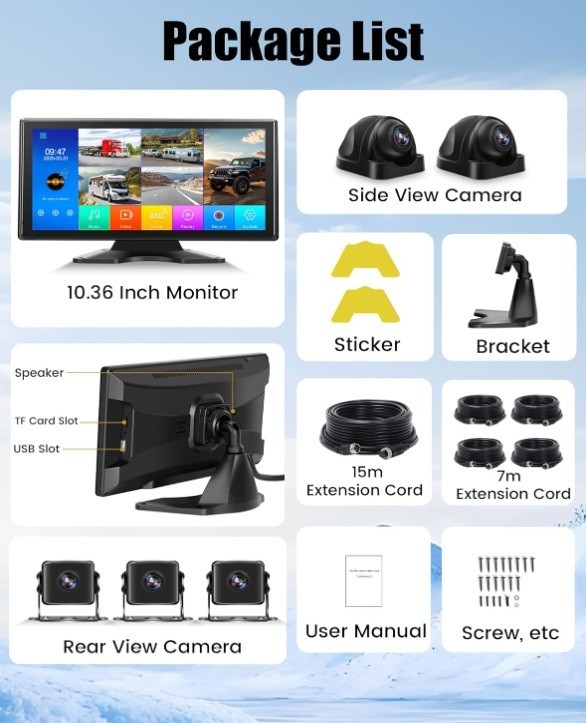 5 Ch Camera System for Truck & RV 10.36” IPS Touchscreen 5 1080P HD Cameras IP69