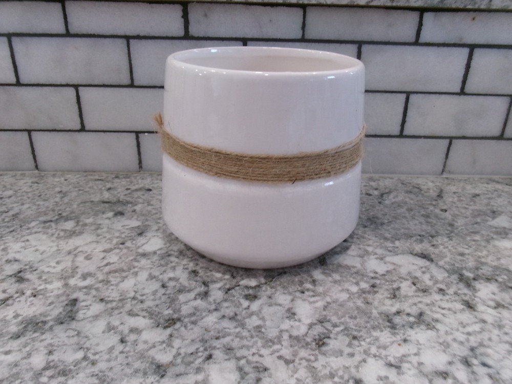 White Planter, Ceramic, Decorative Rope Accent, 5" x 5"