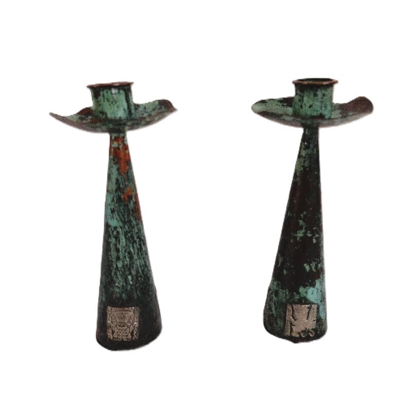1960’s Peru Copper 7" Candle Holder Pair Inlaid Silver Incan Motif Deities Llama