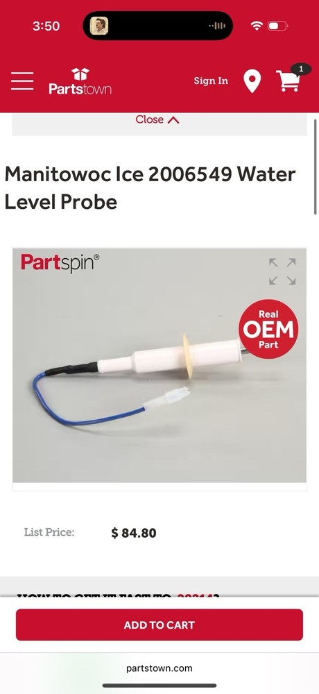 Manitowoc Ice 2006549 WaterLevel Probe
