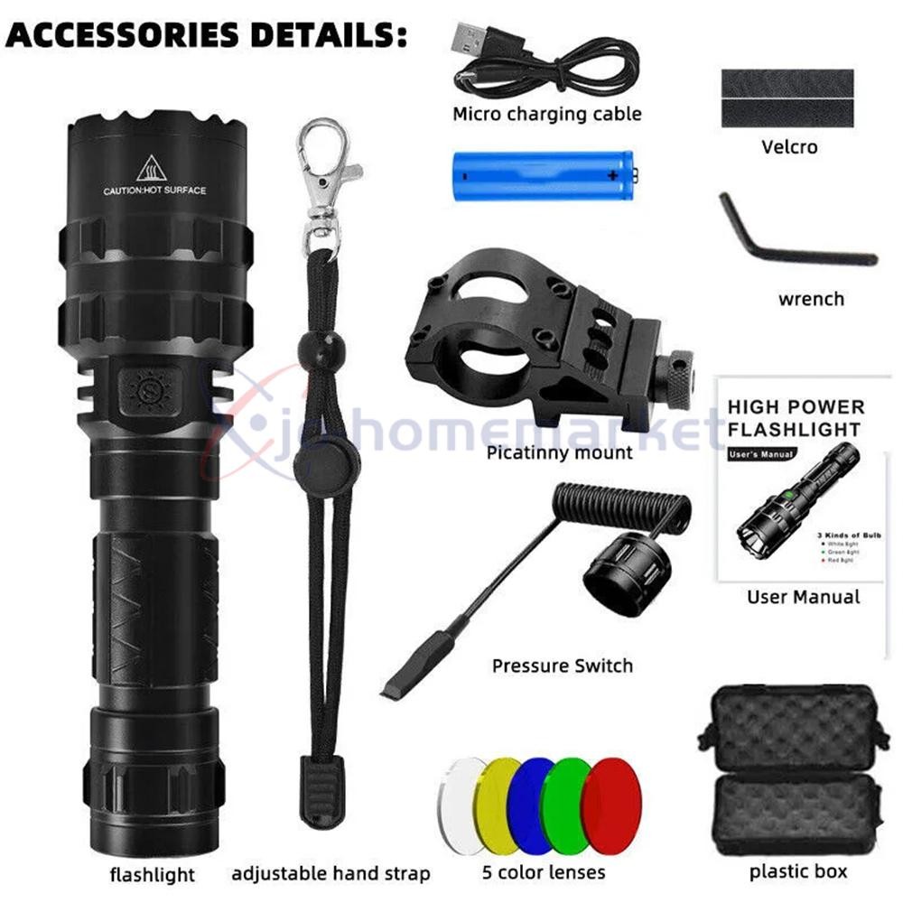 900000 Lumens Tactical Gun Flashlight Picatinny Rail Mount for Hunting Shooting