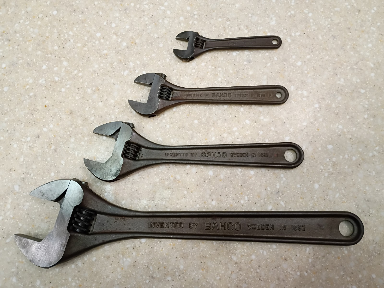 Vintage set of 4 Bahco Sweden Adjustable Wrenches spanner monkey 12" 8" 6" 4"