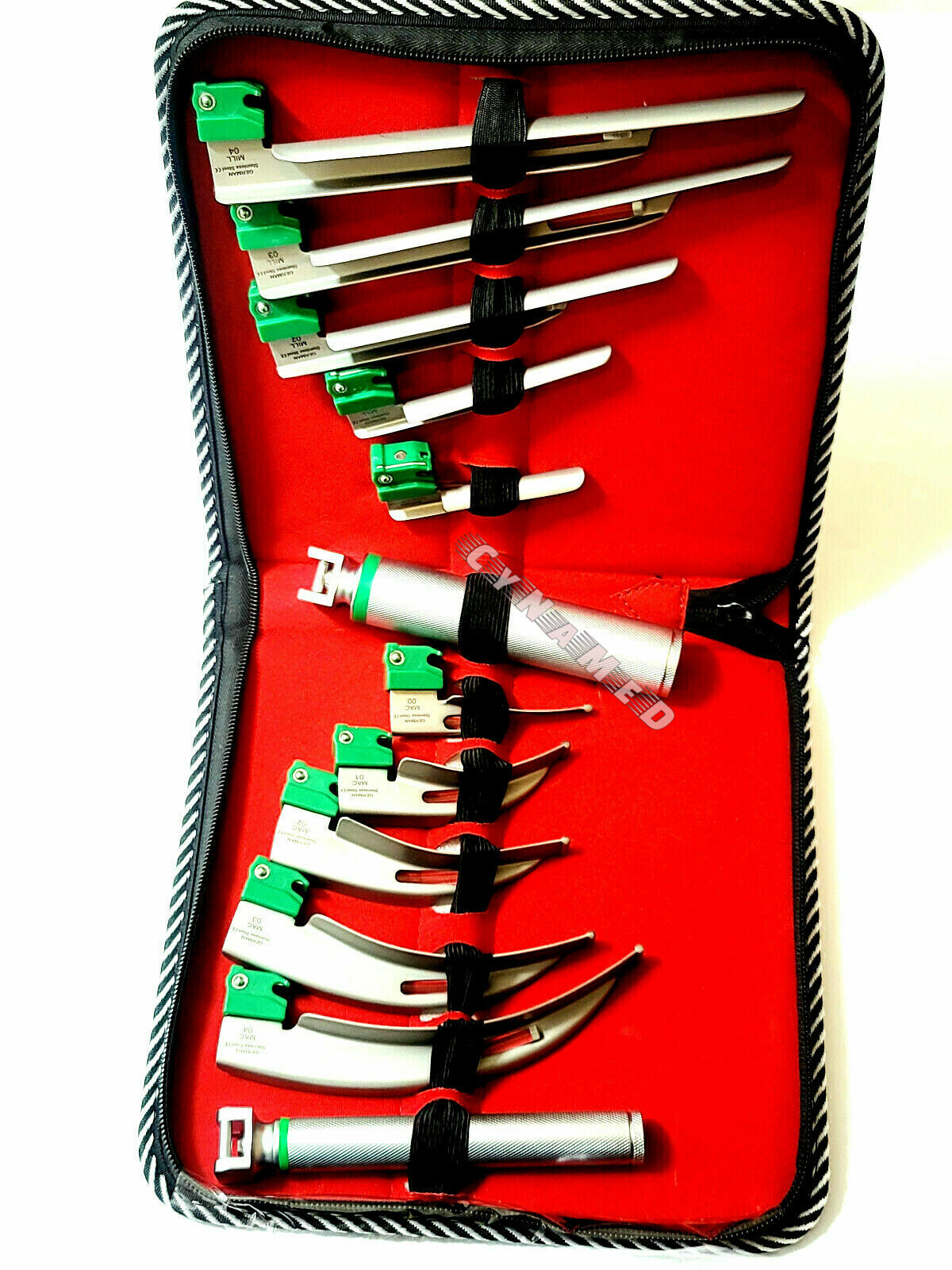 SET OF 10 FIBER OPTIC MAC & MILLER LARYNGOSCOPE BLADE+2 HANDLE INTUBATON kit