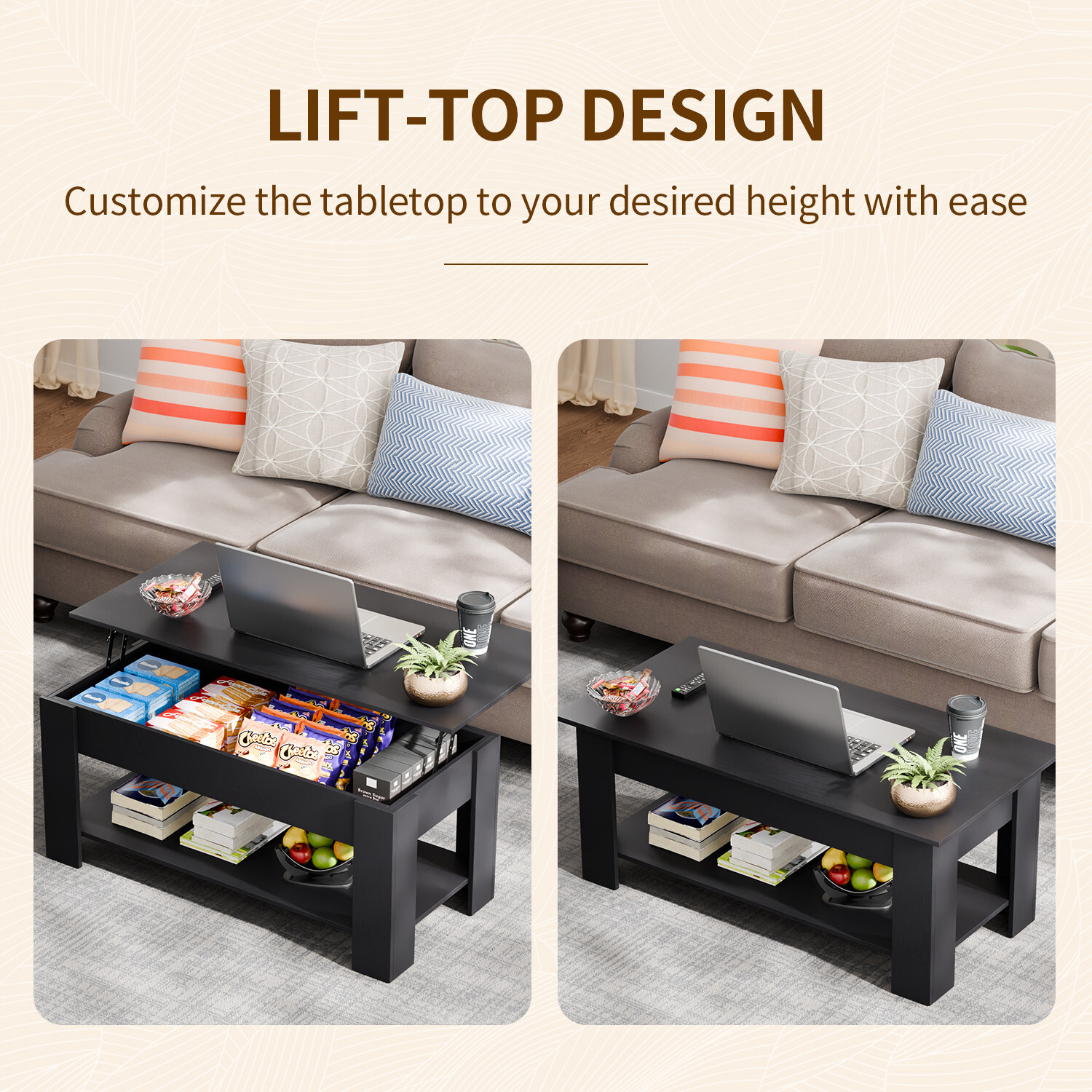 Coffee Table Lift Top Coffee Tables with Hidden Compartment and Storage Shelf