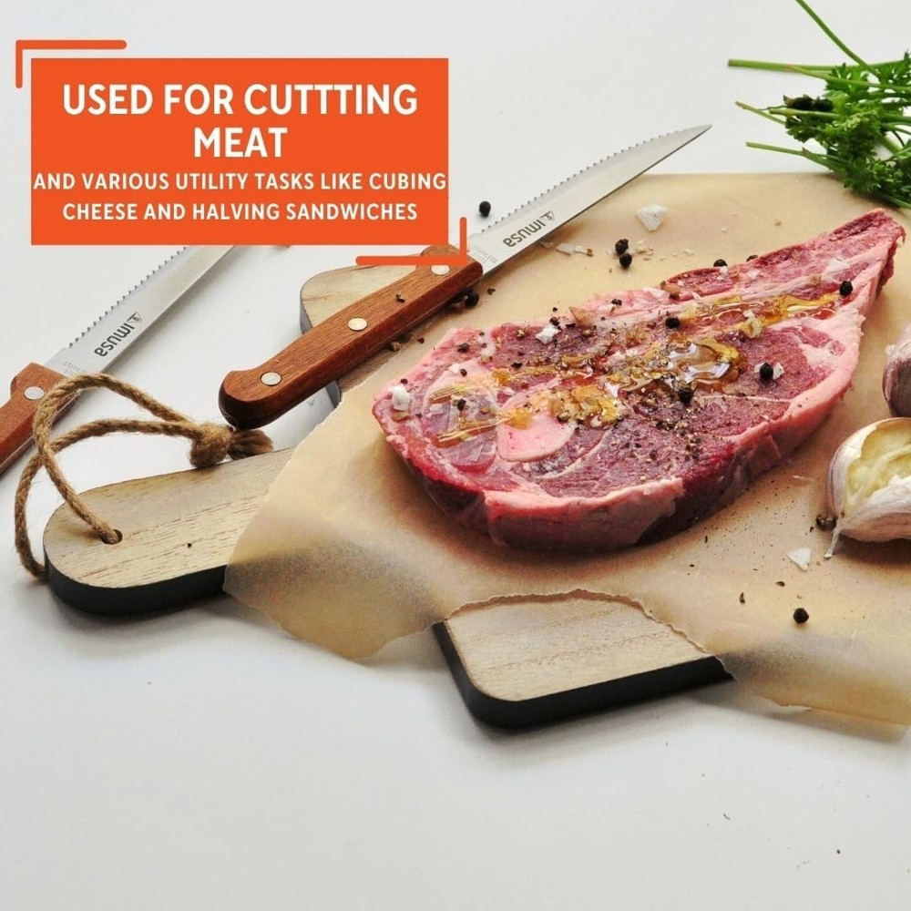 Experience Precision: 4pc Serrated Steak Knife Set with Rustic Wood Handles