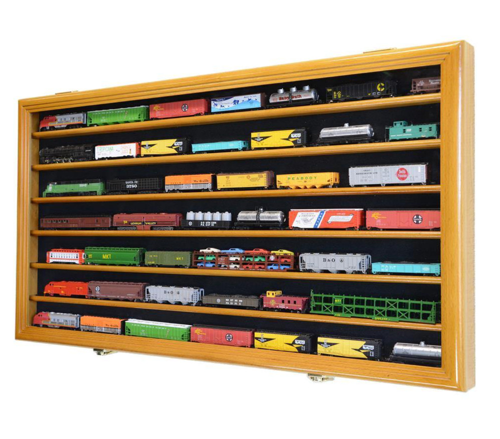 N Scale Model Train Display Case Lockable Collection Shelf Cabinet Oak Finish