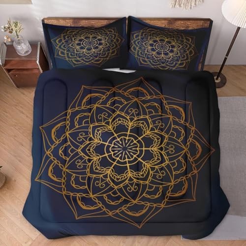 Size Comforter Set with 2 Pillowcases, Navy Blue Boho Gold Full Multi 24