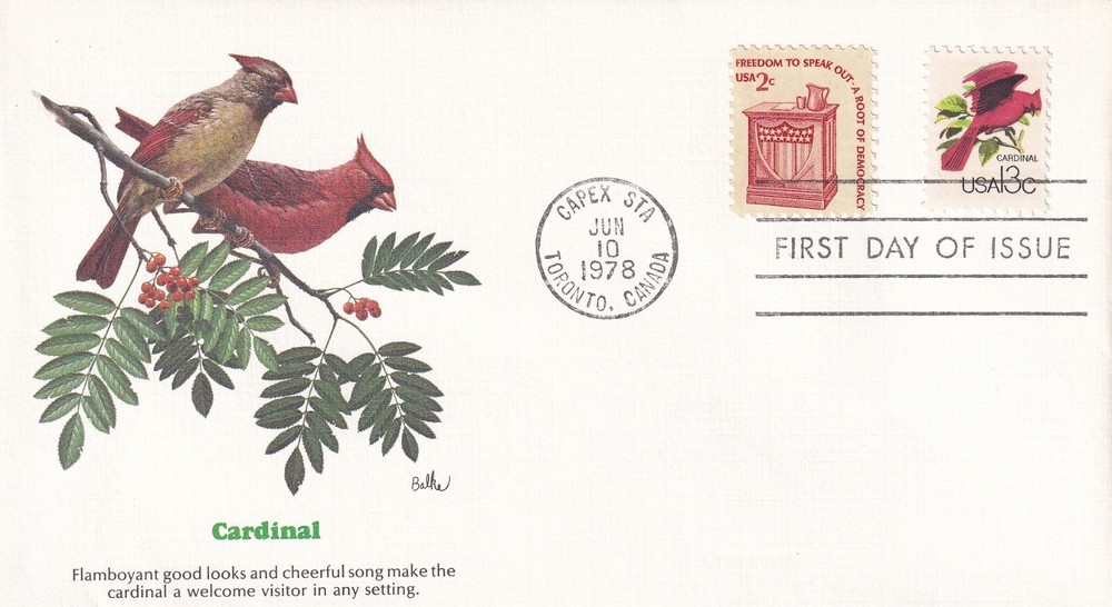 STAMP US SCOTT 1757a, 1582 "Cardinal" 13 CENT 1978 FDC