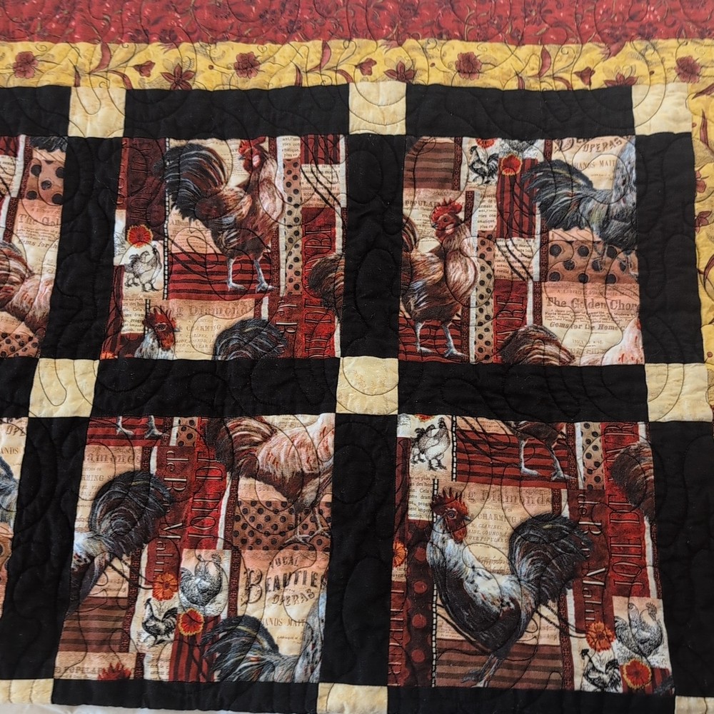 Homemade Patchwork Lap Quilt Multicolor Rooster Black Red Yellow 47"X 37" Signed