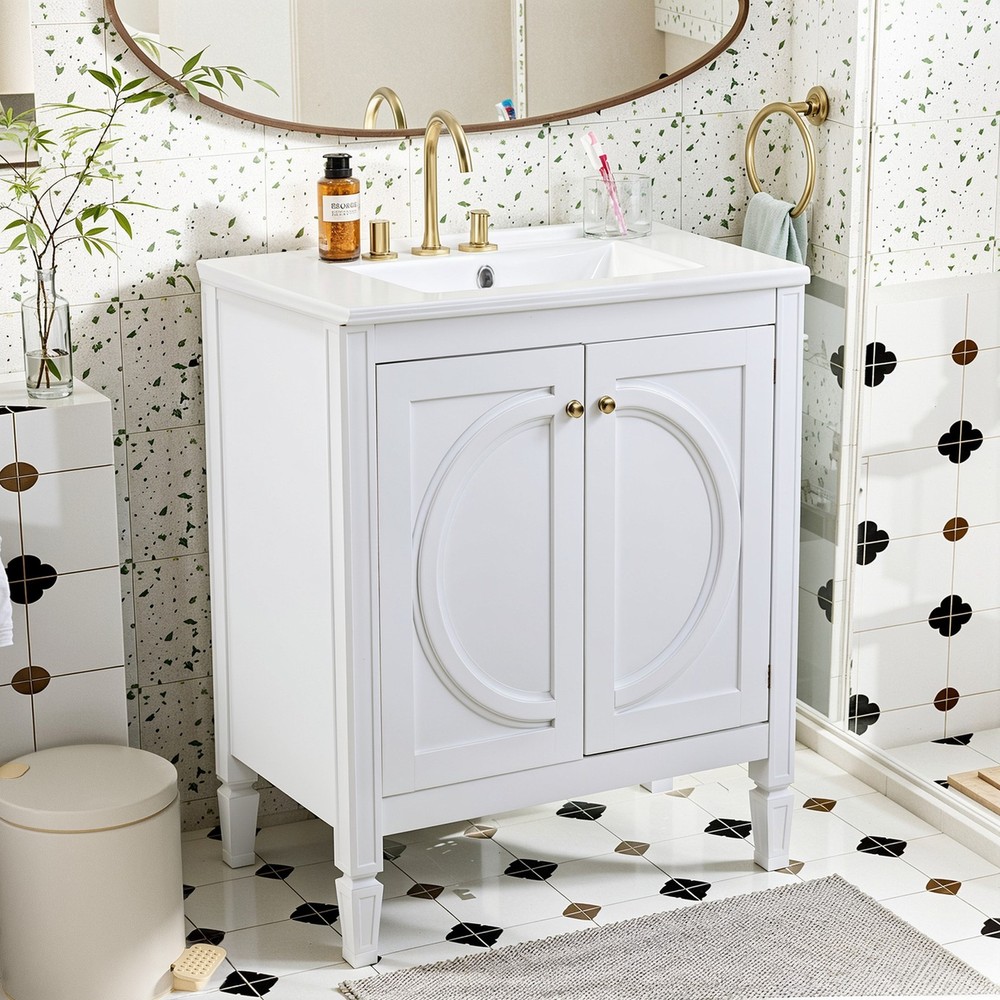 30" White Bathroom Vanity w/Ceramic Sink,2 Soft-Close Doors & Adjustable Shelf