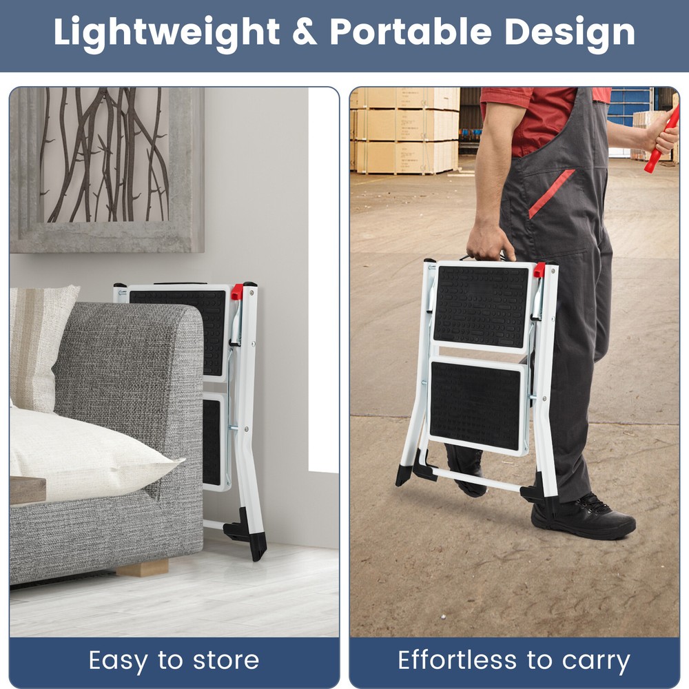 2-Step Ladder Lightweight Folding Step Stool Heavy Duty Metal Stepladder Kitchen