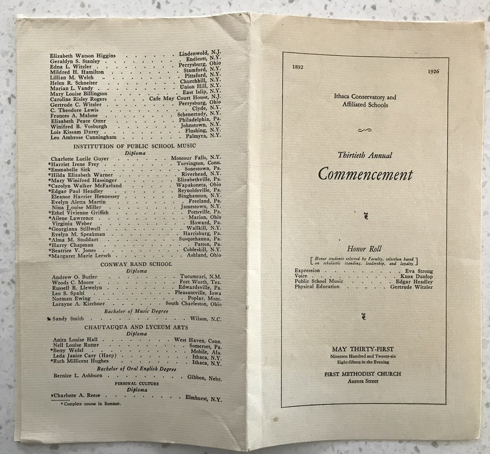 Vintage Ithaca NY Conservatory Commencement Program 1926