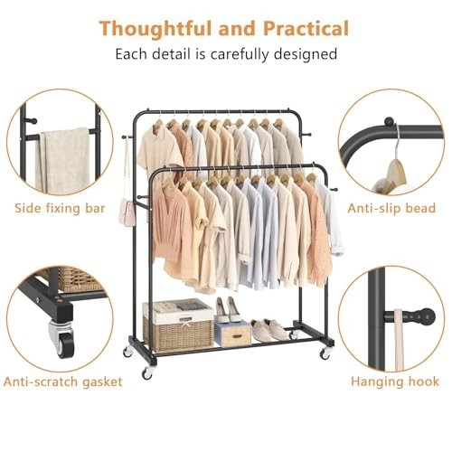 Double Rod Garment Rack with Wheels, Clothing Organizer with 4 Hooks, Multi-func