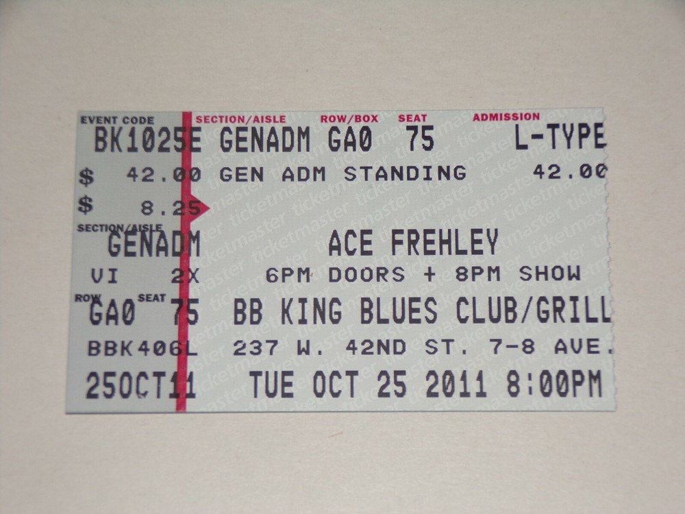 Kiss ACE FREHLEY Concert Ticket Stub Oct 25 2011 Tour BB Kings NYC NY