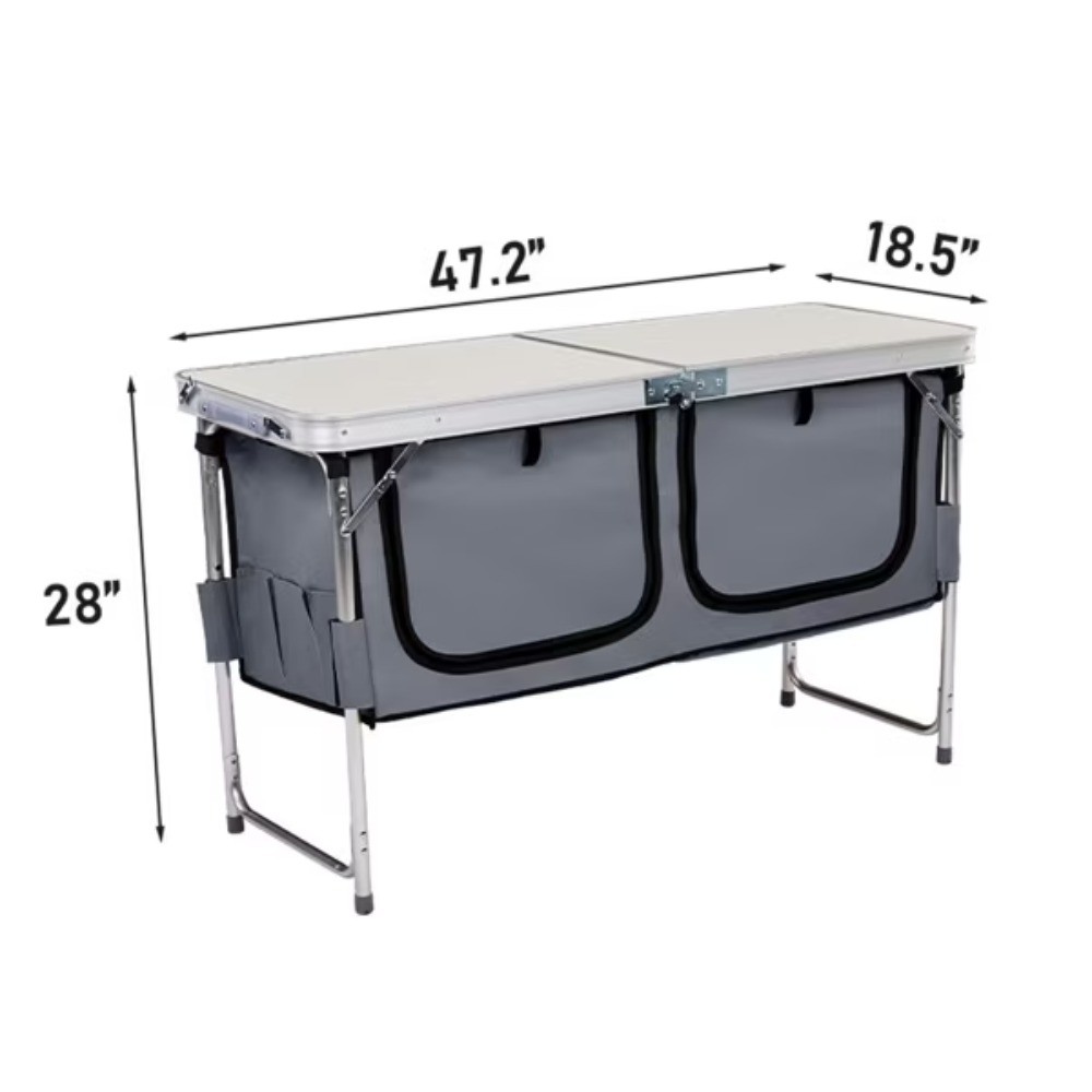 Folding Camping Table with Adjustable Heights, Storage Compartments