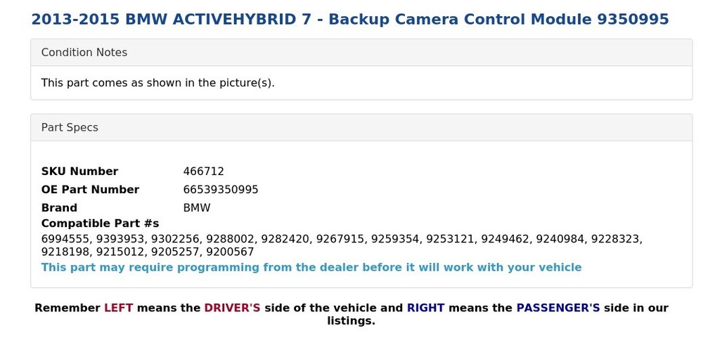 2013-2015 BMW ACTIVEHYBRID 7 - Backup Camera Control Module 9350995