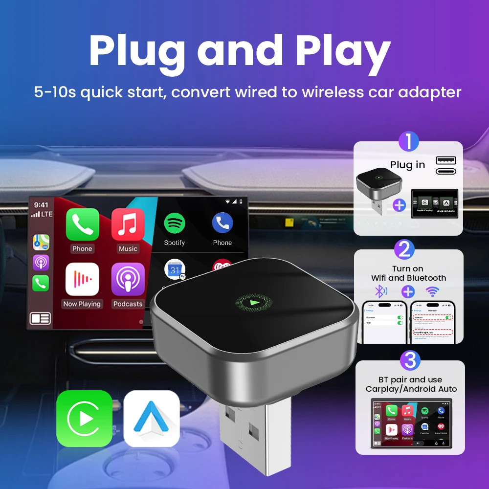 New Adapter 2in1 Mini Wired To Wireless CarPlay Android Auto Smart Box Plug&Play