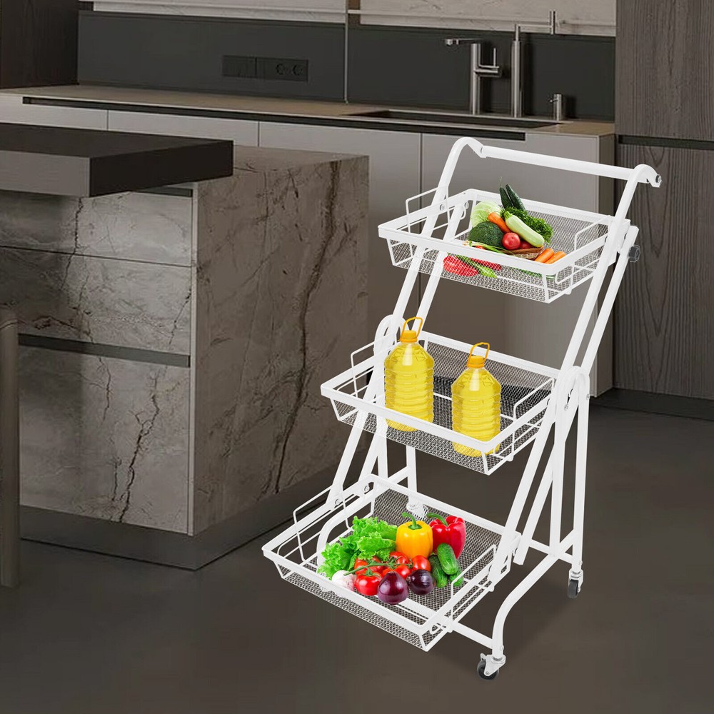 3-Tier Multi-Functional Storage Cart Metal Rolling Utility Cart White Adjustable