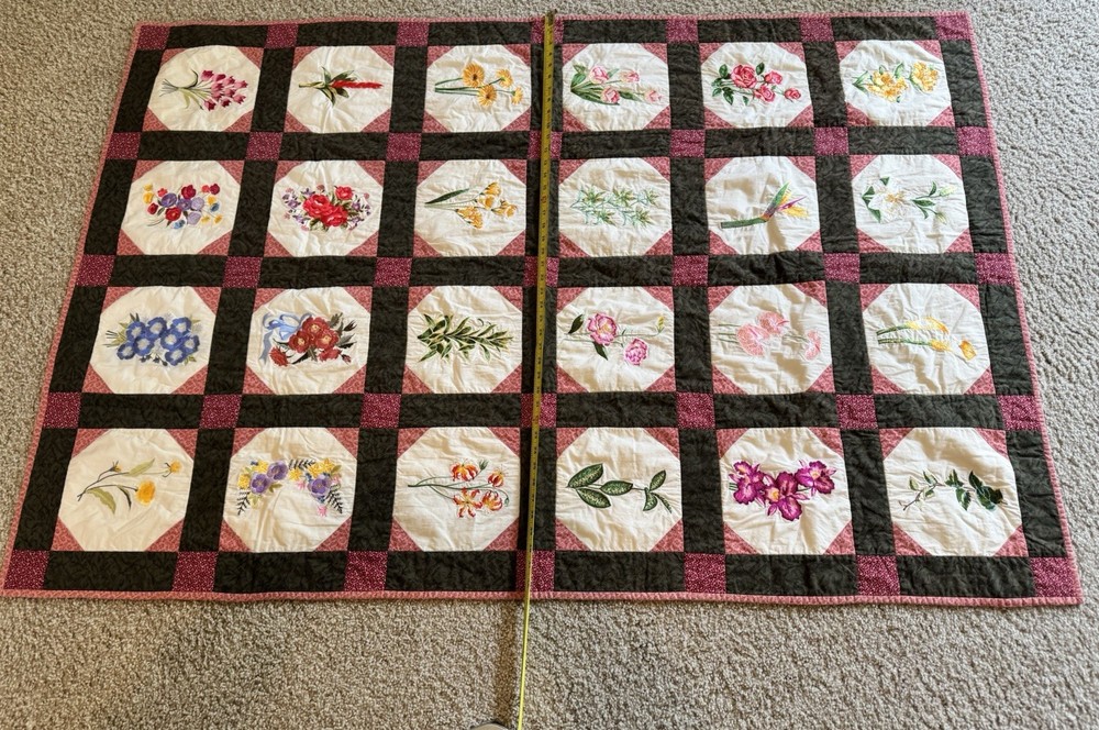 Vintage 90s Patchwork Quilt Chintz Botanical Floral Embroidery Basic Snowball