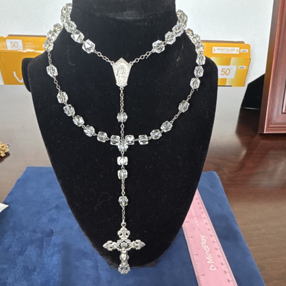 Sterling Silver Rhinestone  Glass Rosary Our Lady of Mt. Carmel INRI Crucifix