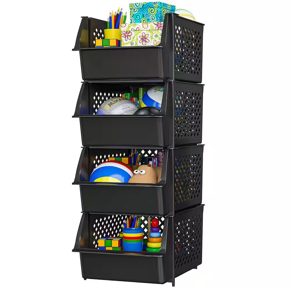 19 Qt. Plastic Stackable Storage Bins for Pantry in Black (4-Pack)