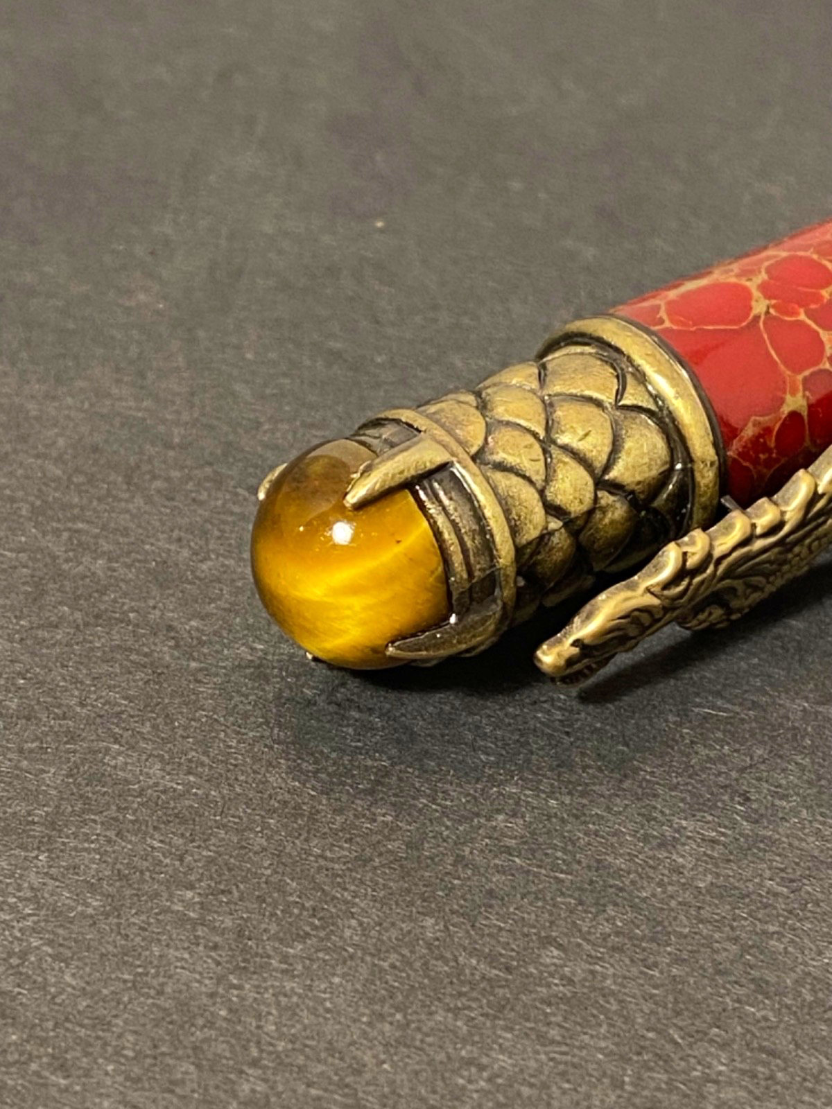 Red Jasper Crouching Dragon Armored Scales Twist Ballpoint Pen Tigers Eye