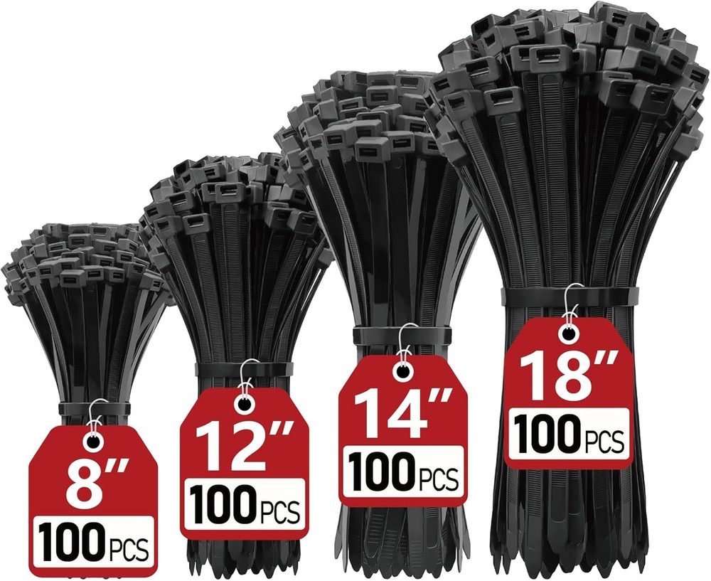 Multi-Purpose Zip Ties Assorted Sizes - 400 Count with Self-Locking Design