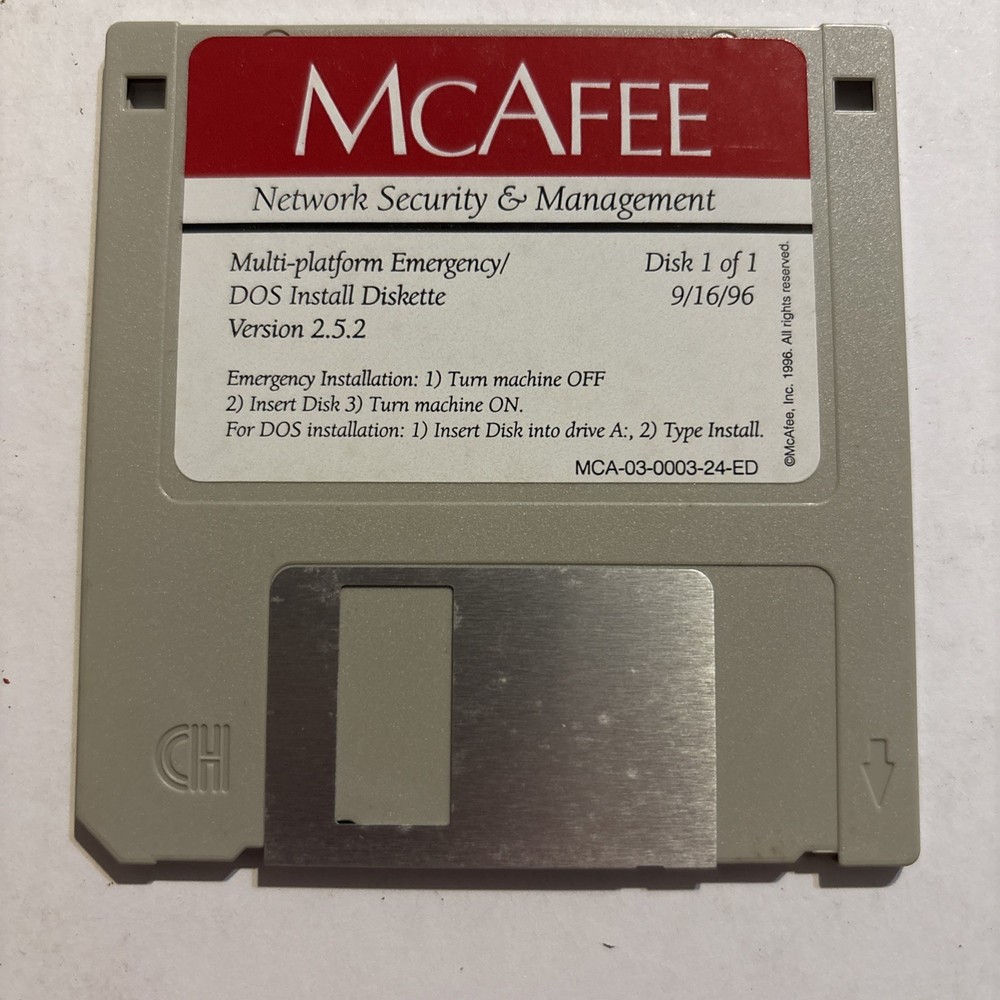 3.5" Floppy Disk McAfee DOS Install Diskette Version 2.5.2 Vtg Computing 1996