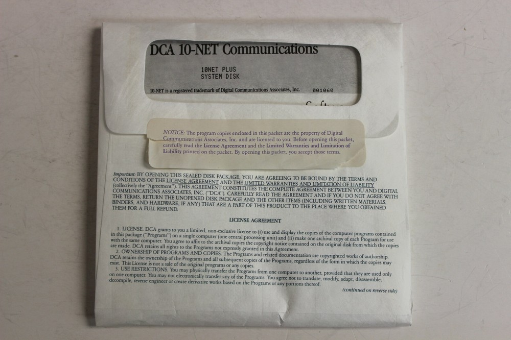 DCA 10 NET PLUS LOCAL AREA NETWORK SOFTWARE LAN V 4.0.61 REV D 5.25 DISKETTES