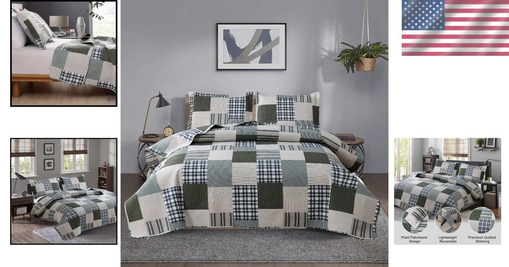 Durable Microfiber Queen Bedspread with Patchwork Design - Easy Care Bedding
