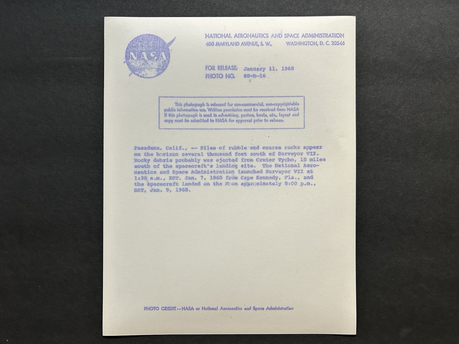 1968 NASA “Moon Surface Piles of Rubble Rocks” Surveyor VII Camera” Photograph