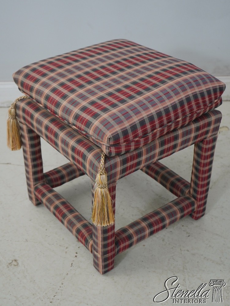 69619: Pair Custom Upholstered Plaid Print Upholstered Square Stools